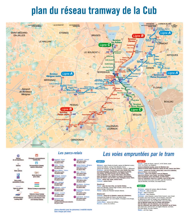 Plan du réseau de tramway de Bordeaux Métropole